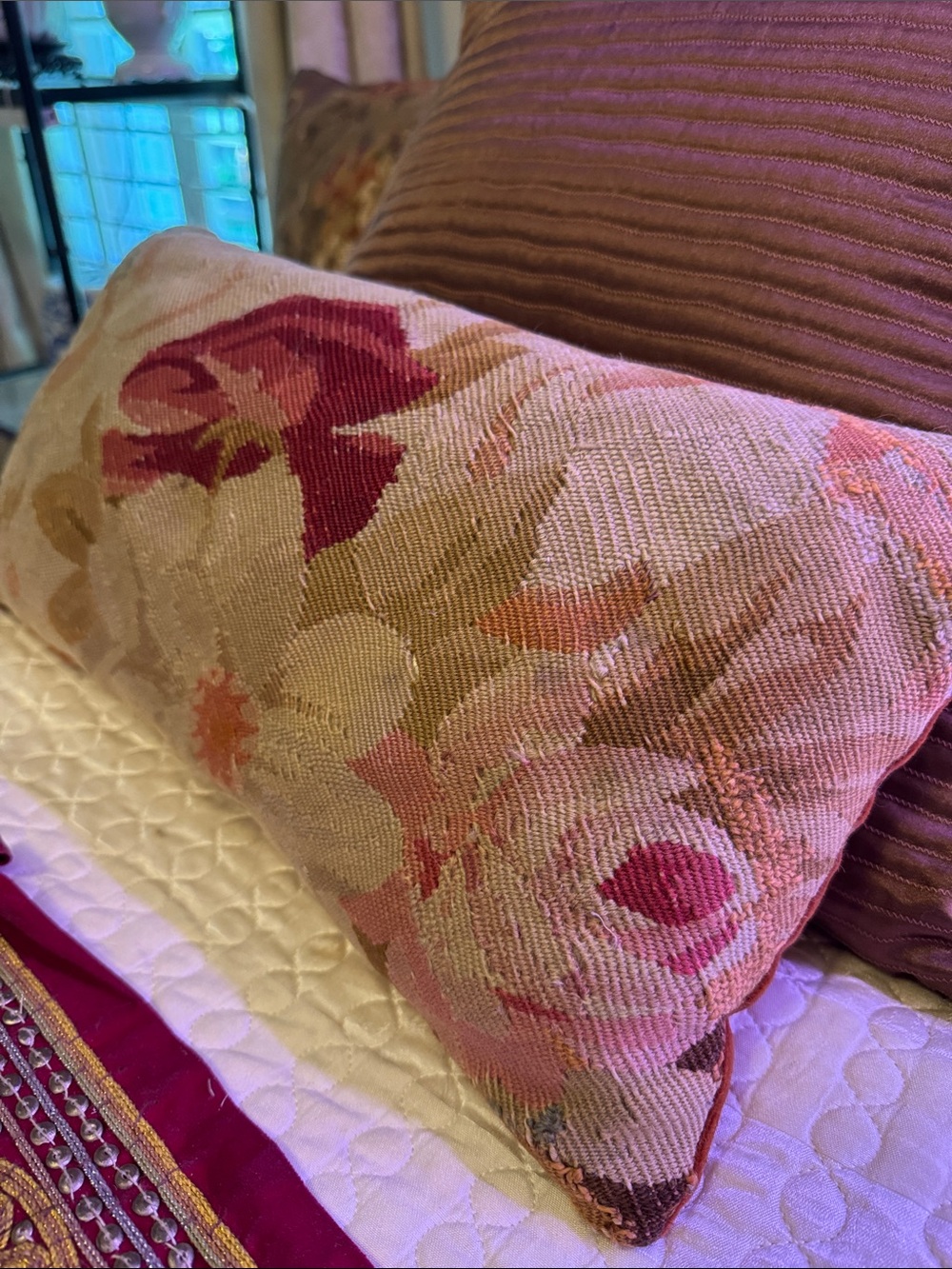 Pretty Antique Aubusson Floral Lumbar Pillow